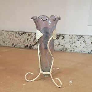 Estate Lavender Glass Vase with Cream Metal Stand